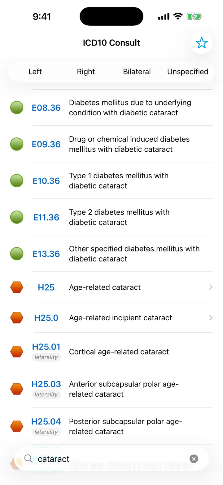 ICD10 Consult search results on iPhone