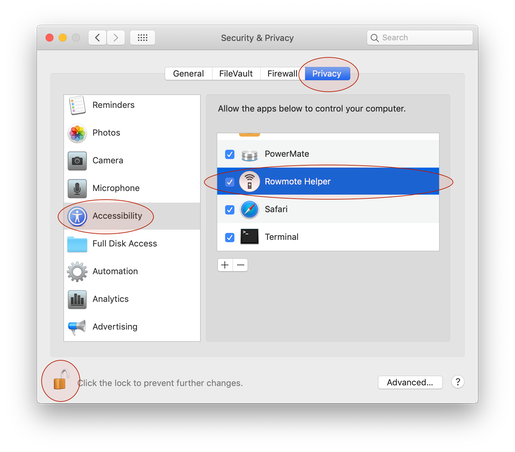The Accessibility privacy pane with Rowmote Helper enabled