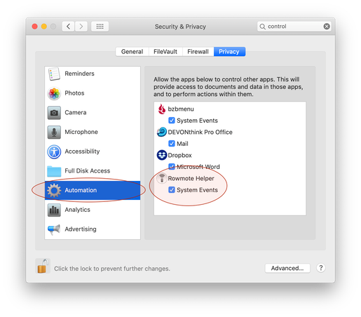 The Automation privacy pane with System Events enabled